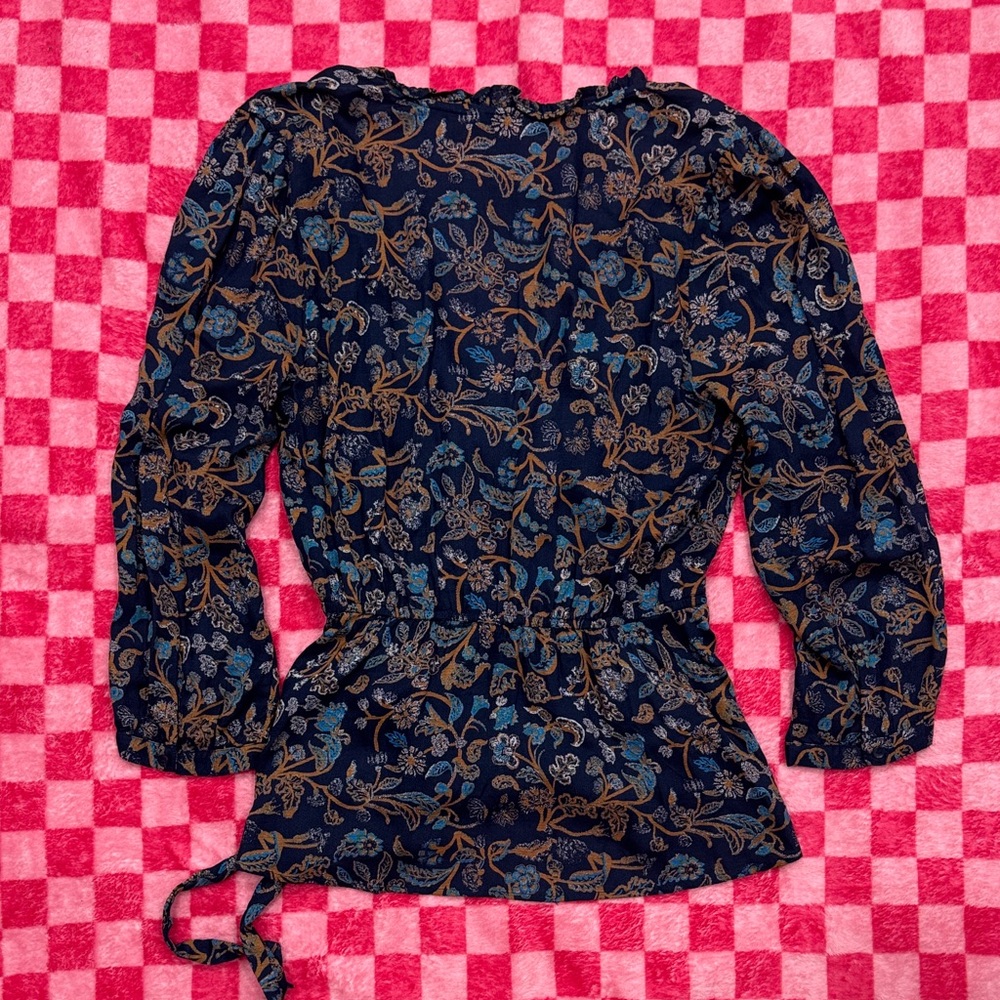Lucky Brand Navy Floral Wrap Top with Orange Accents - Picture 6 of 6